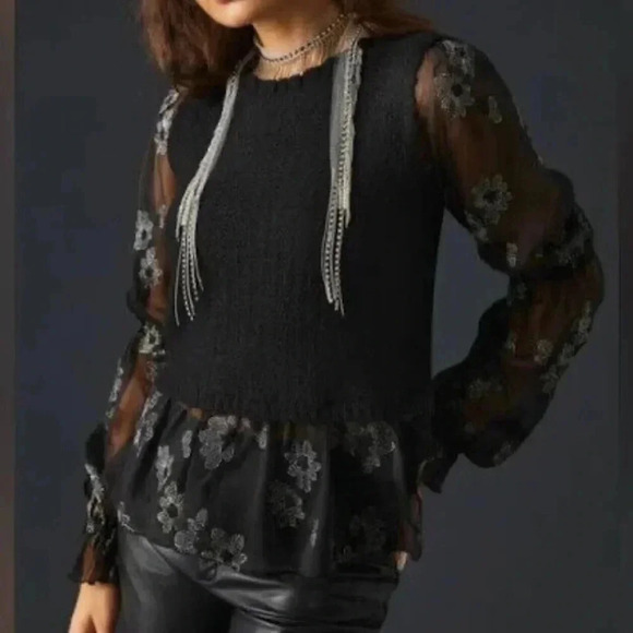 Anthropologie XXS Embroidered Sheer Layered Knit Vest in Black - Picture 2 of 10